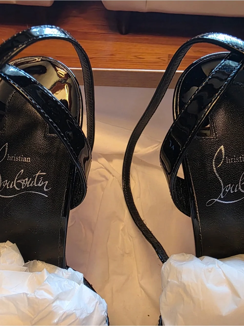 Christian Louboutin Black Patent Platform Slingback Heels with Red Sole Edge